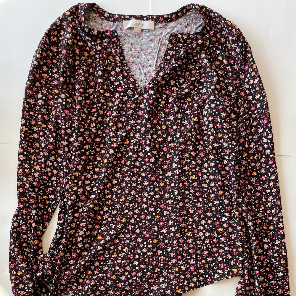 Loft Black Smocked Blouse with Multicolor Floral Pattern, Medium